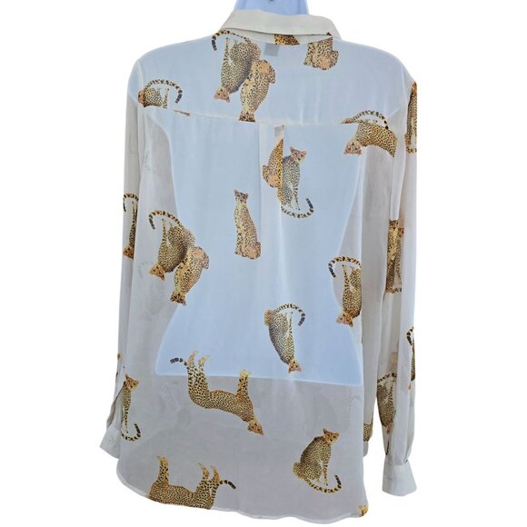 Sheer Cheetah Print Button-Down Long Sleeve Blouse animal print mob wife - Picture 2 of 7